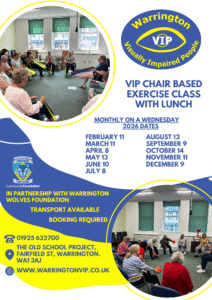 A simple layout in blue and yellow with photos of people seated in a class. It announces a monthly chair‑based exercise session with lunch, lists 2026 dates, and gives contact information.