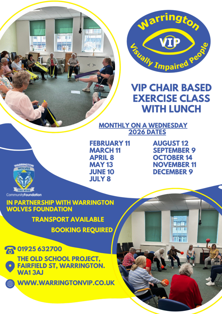 A simple layout in blue and yellow with photos of people seated in a class. It announces a monthly chair‑based exercise session with lunch, lists 2026 dates, and gives contact information.