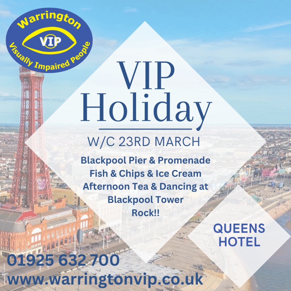 A holiday poster with a soft blue background showing Blackpool Tower and the seafront, with a white diamond shape in the centre listing the VIP holiday details for the week of 23rd March.