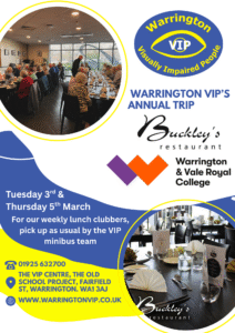 A bright poster announcing Warrington VIP’s annual visit to Buckley’s Restaurant with two dining photos, March dates, and booking information.