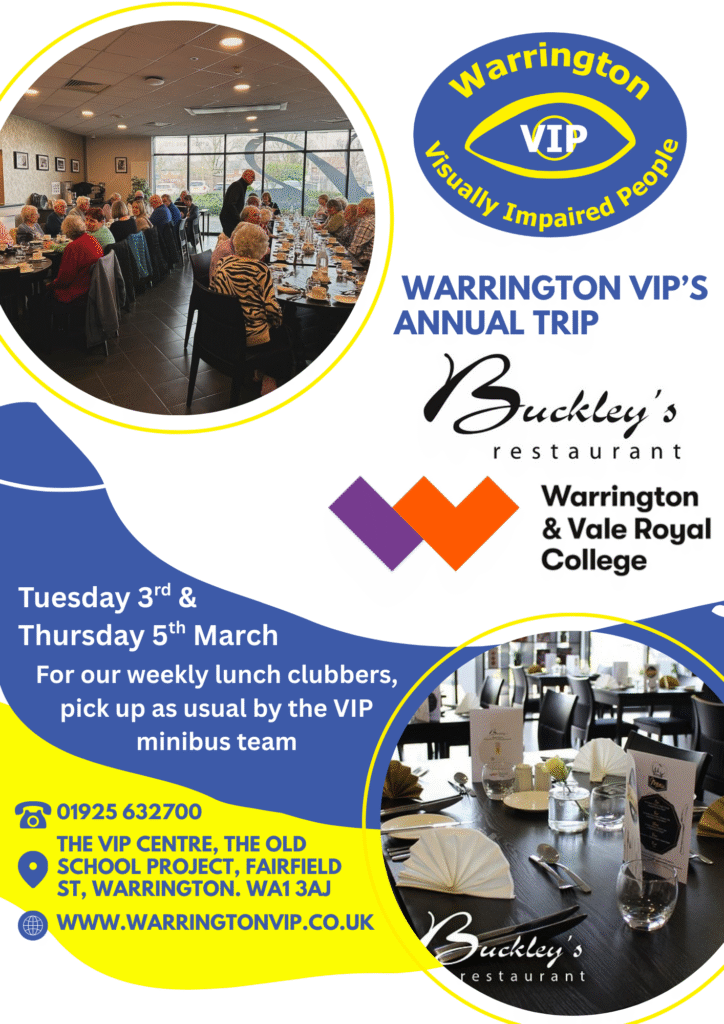 A bright poster announcing Warrington VIP’s annual visit to Buckley’s Restaurant with two dining photos, March dates, and booking information.