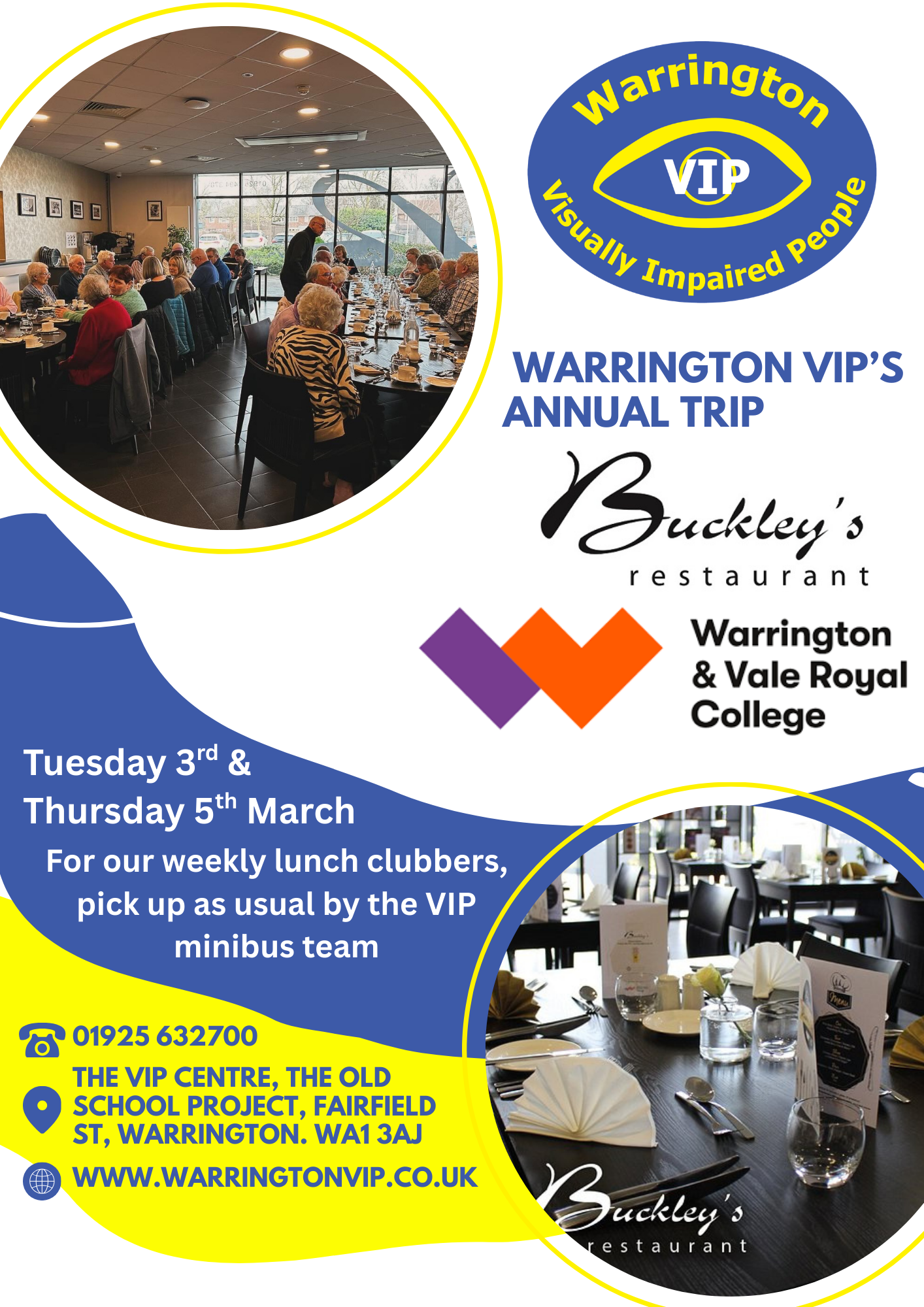 A bright poster announcing Warrington VIP’s annual visit to Buckley’s Restaurant with two dining photos, March dates, and booking information.